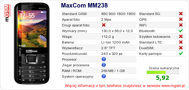 Dane telefonu MaxCom MM238