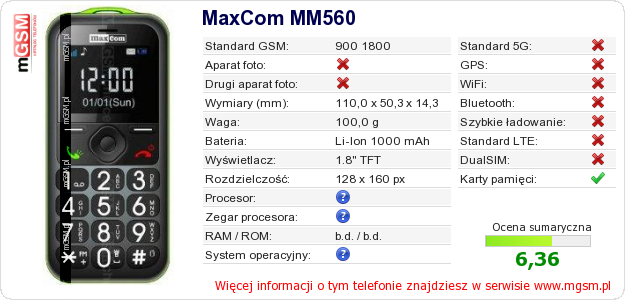 Dane telefonu MaxCom MM560