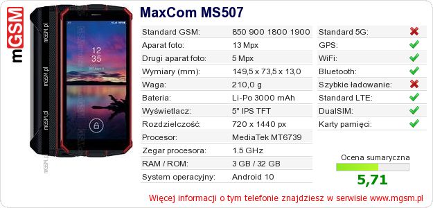 Dane telefonu MaxCom MS507 Dane telefonu MaxCom MS507