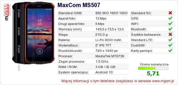 Dane telefonu MaxCom MS507