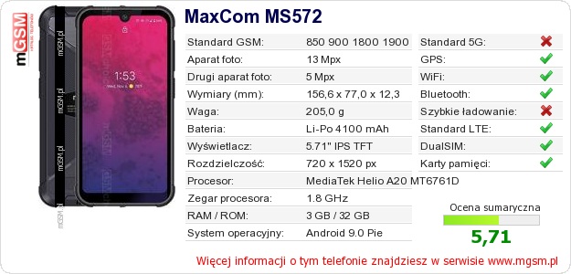 Dane telefonu MaxCom MS572