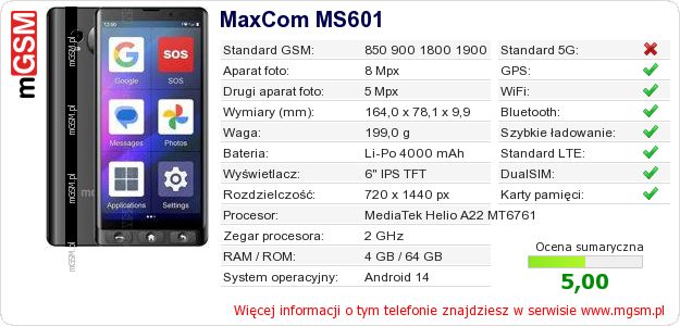 Dane telefonu MaxCom MS601