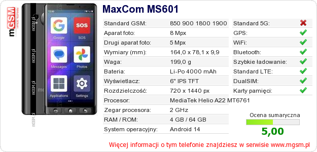 Dane telefonu MaxCom MS601