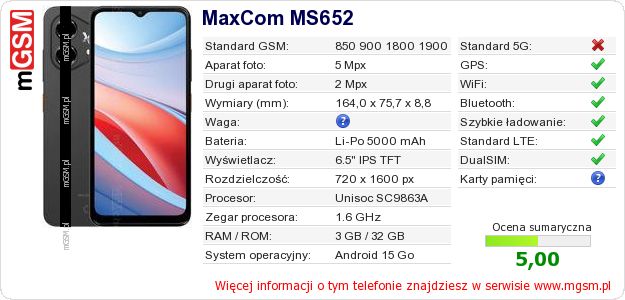 Dane telefonu MaxCom MS652 Dane telefonu MaxCom MS652