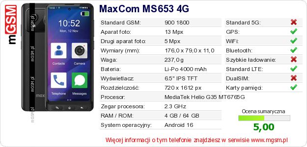 Dane telefonu MaxCom MS653 4G Dane telefonu MaxCom MS653 4G