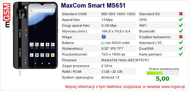 Dane telefonu MaxCom Smart MS651
