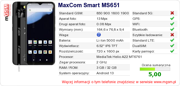 Dane telefonu MaxCom Smart MS651