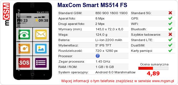 Dane telefonu MaxCom Smart MS514 FS Dane telefonu MaxCom Smart MS514 FS