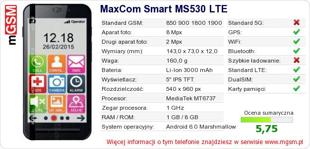 Dane telefonu MaxCom Smart MS530 LTE Dane telefonu MaxCom Smart MS530 LTE