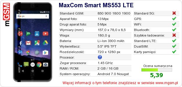 Dane telefonu MaxCom Smart MS553 LTE Dane telefonu MaxCom Smart MS553 LTE