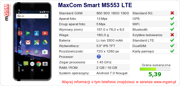 Dane telefonu MaxCom Smart MS553 LTE Dane telefonu MaxCom Smart MS553 LTE