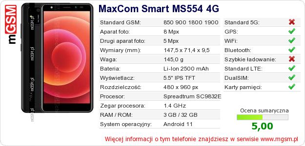 Dane telefonu MaxCom Smart MS554 4G