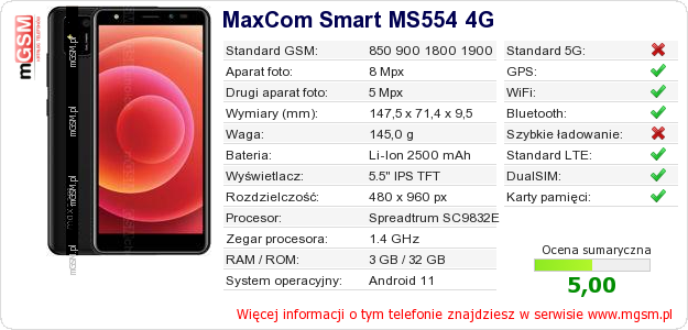 Dane telefonu MaxCom Smart MS554 4G