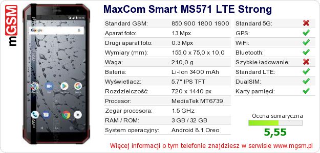 Dane telefonu MaxCom Smart MS571 LTE Strong