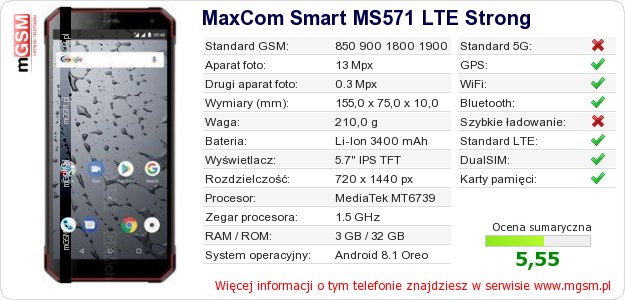 Dane telefonu MaxCom Smart MS571 LTE Strong Dane telefonu MaxCom Smart MS571 LTE Strong
