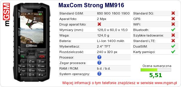 Dane telefonu MaxCom Strong MM916 Dane telefonu MaxCom Strong MM916