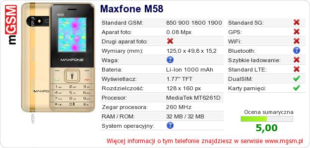 Dane telefonu Maxfone M58 Dane telefonu Maxfone M58