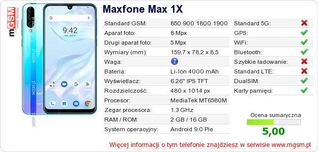 Dane telefonu Maxfone Max 1X