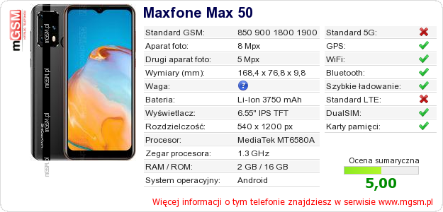 Dane telefonu Maxfone Max 50