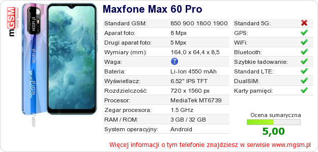 Dane telefonu Maxfone Max 60 Pro