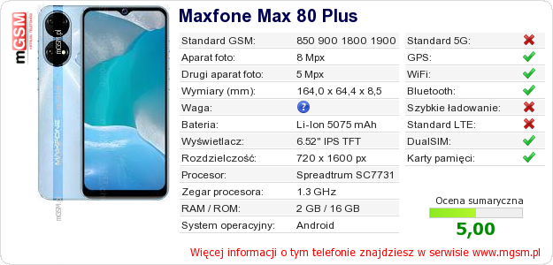 Dane telefonu Maxfone Max 80 Plus