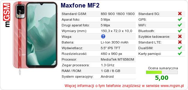 Dane telefonu Maxfone MF2