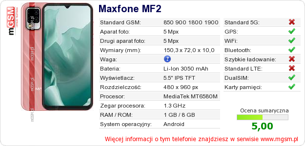Dane telefonu Maxfone MF2