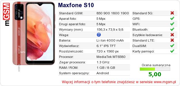 Dane telefonu Maxfone S10 Dane telefonu Maxfone S10