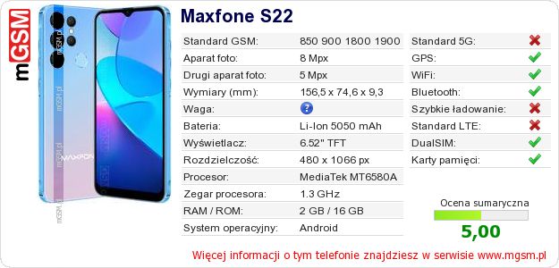 Dane telefonu Maxfone S22