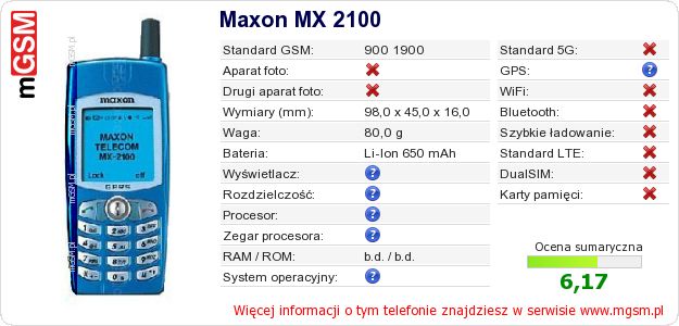 Dane telefonu Maxon MX 2100 Dane telefonu Maxon MX 2100