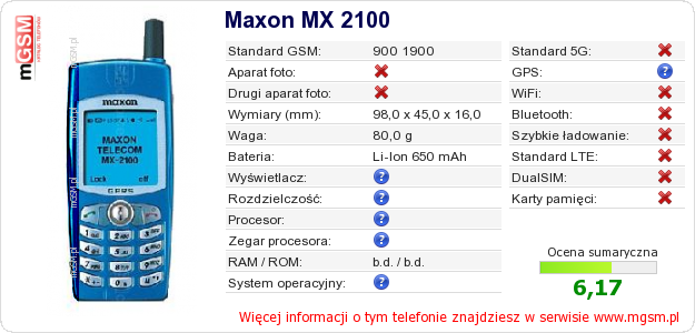 Dane telefonu Maxon MX 2100 Dane telefonu Maxon MX 2100