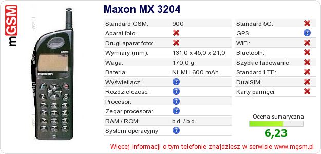 Dane telefonu Maxon MX 3204 Dane telefonu Maxon MX 3204