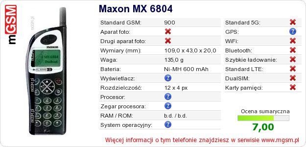 Dane telefonu Maxon MX 6804