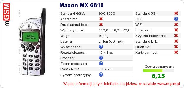Dane telefonu Maxon MX 6810 Dane telefonu Maxon MX 6810