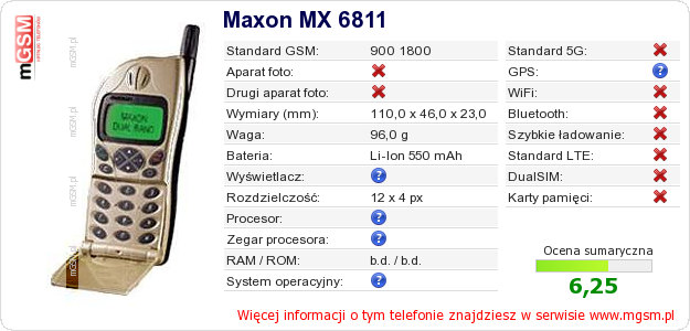 Dane telefonu Maxon MX 6811 Dane telefonu Maxon MX 6811