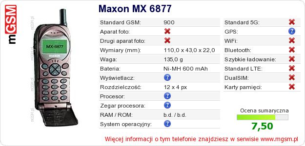 Dane telefonu Maxon MX 6877 Dane telefonu Maxon MX 6877