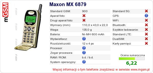 Dane telefonu Maxon MX 6879 Dane telefonu Maxon MX 6879