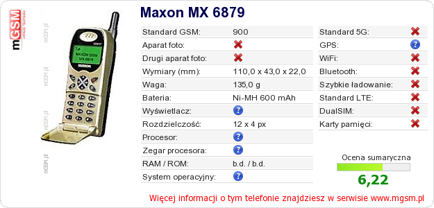 Dane telefonu Maxon MX 6879