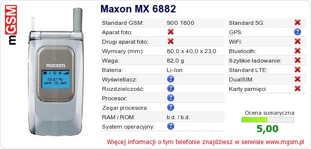 Dane telefonu Maxon MX 6882