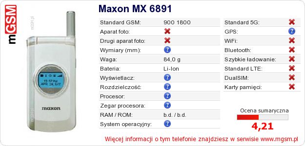 Dane telefonu Maxon MX 6891 Dane telefonu Maxon MX 6891