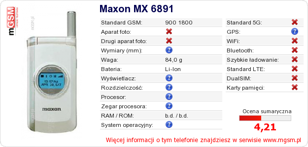 Dane telefonu Maxon MX 6891