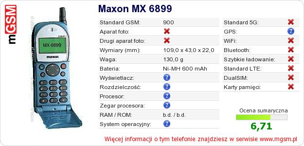 Dane telefonu Maxon MX 6899 Dane telefonu Maxon MX 6899