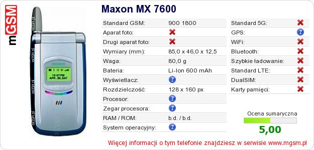 Dane telefonu Maxon MX 7600 Dane telefonu Maxon MX 7600