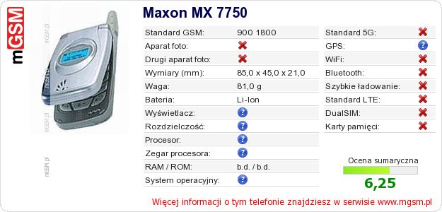 Dane telefonu Maxon MX 7750 Dane telefonu Maxon MX 7750
