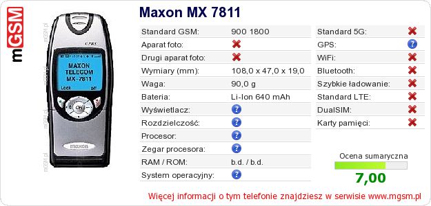 Dane telefonu Maxon MX 7811 Dane telefonu Maxon MX 7811
