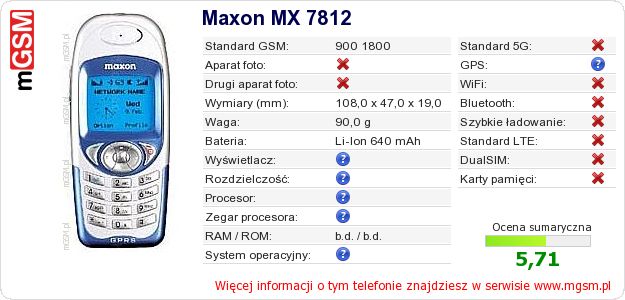 Dane telefonu Maxon MX 7812