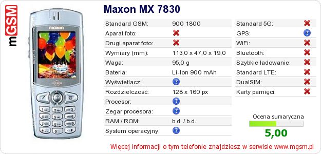 Dane telefonu Maxon MX 7830 Dane telefonu Maxon MX 7830