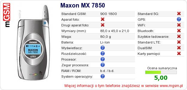 Dane telefonu Maxon MX 7850 Dane telefonu Maxon MX 7850