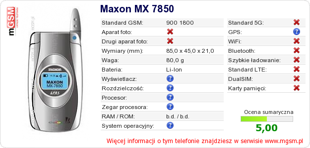 Dane telefonu Maxon MX 7850