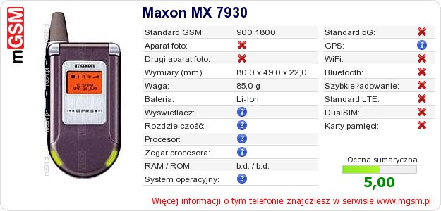 Dane telefonu Maxon MX 7930 Dane telefonu Maxon MX 7930